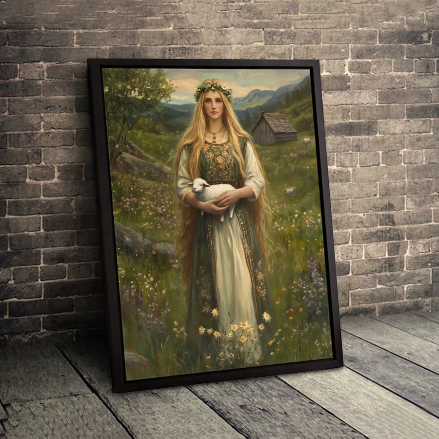 Cottagecore Maiden Canvas Print | Woman With Lamb in Meadow Wall Art | Premium Gallery-Wrapped 1.25" Profile | Aesthetic Pastoral Home Decor