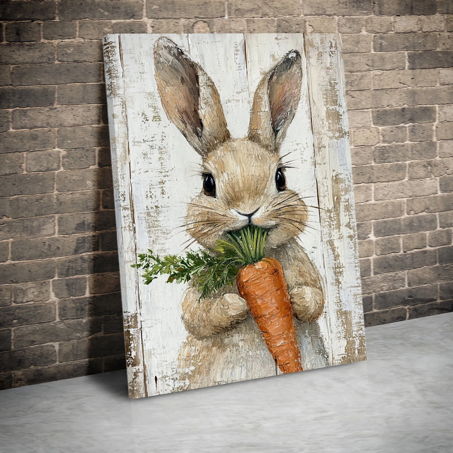 Cute Bunny Canvas Wall Art | Rustic Rabbit with Carrot Painting | Premium Gallery Wrapped Canvas | Easter Decor Gift for Nursery & Farmhouse Kitchen