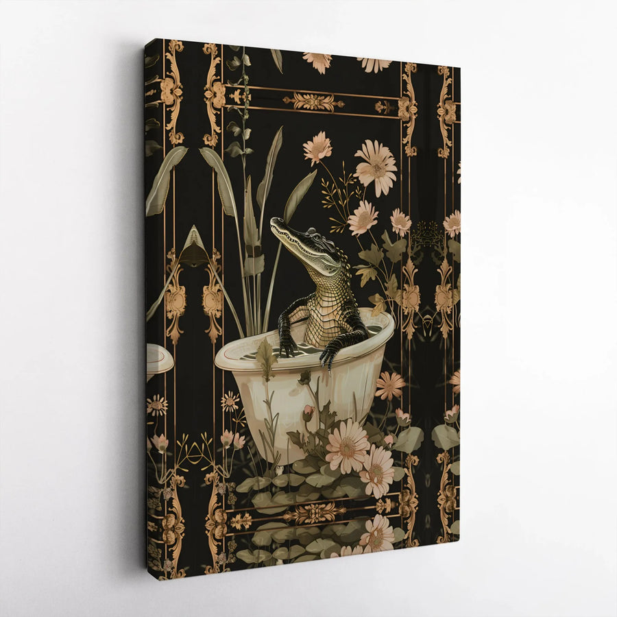 Alligator in Bathtub Canvas Print | Vintage Floral Gothic Art | Premium Gallery Wrapped Canvas | Unique Bathroom Wall Decor Gift