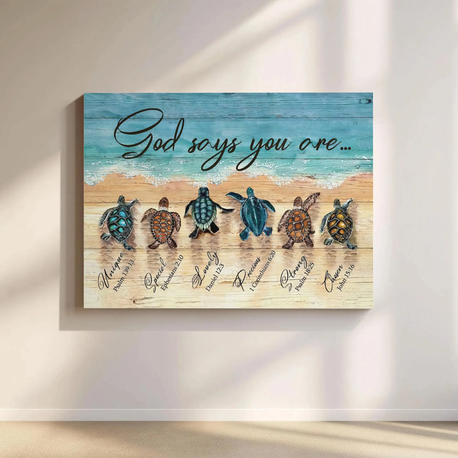 Christian Sea Turtle Canvas Wall Art | God Says You Are Bible Verse Scripture | Premium Canvas Print | Inspirational Faith Based Home Decor Gift