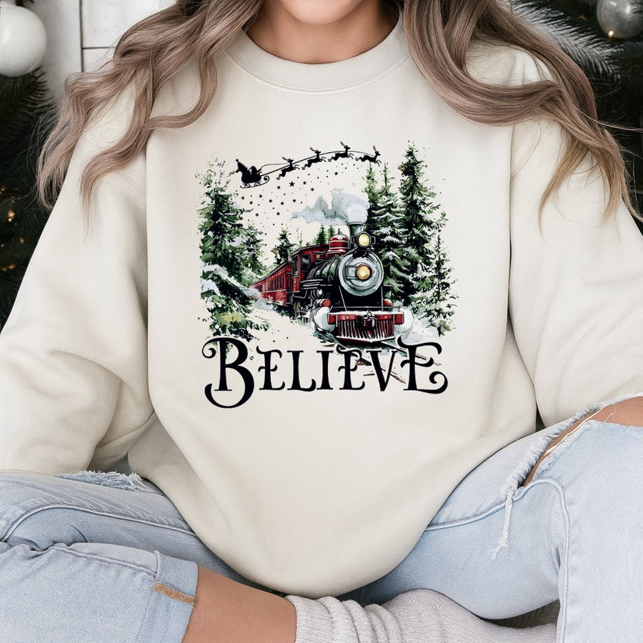 Believe Christmas Sweatshirt | Vintage Holiday Train Graphic | Premium Cotton Blend Crewneck | Cozy Winter Movie Gift for Family