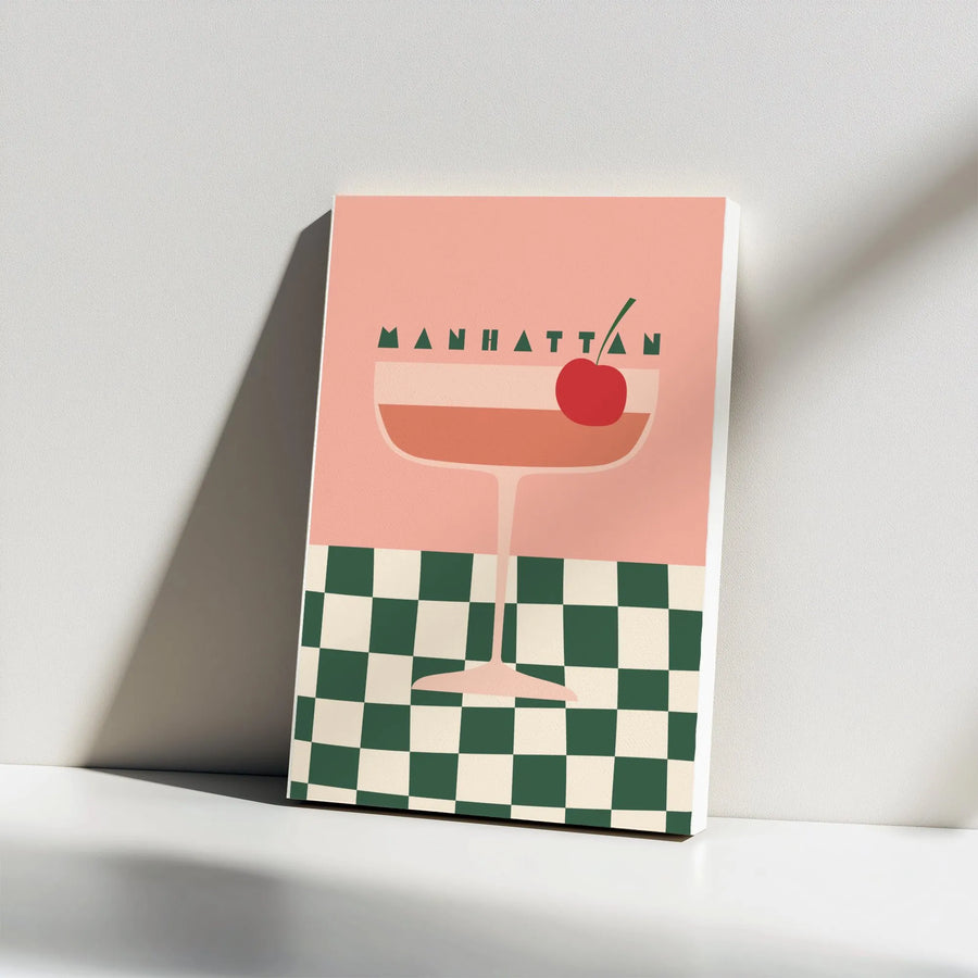 Manhattan Cocktail Wall Art | Retro Checkerboard Bar Cart Print | Premium 1.25" Thick Canvas | Unique Gift for Cocktail Lover