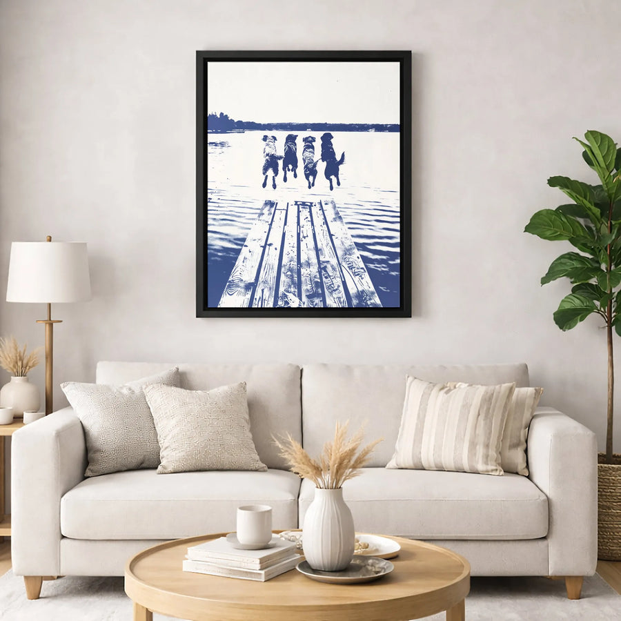Dog Dock Jumping Wall Art | Four Dogs Silhouette Blue And White Print | Premium Gallery-Wrapped Canvas | Animal Lover Home Decor Gift