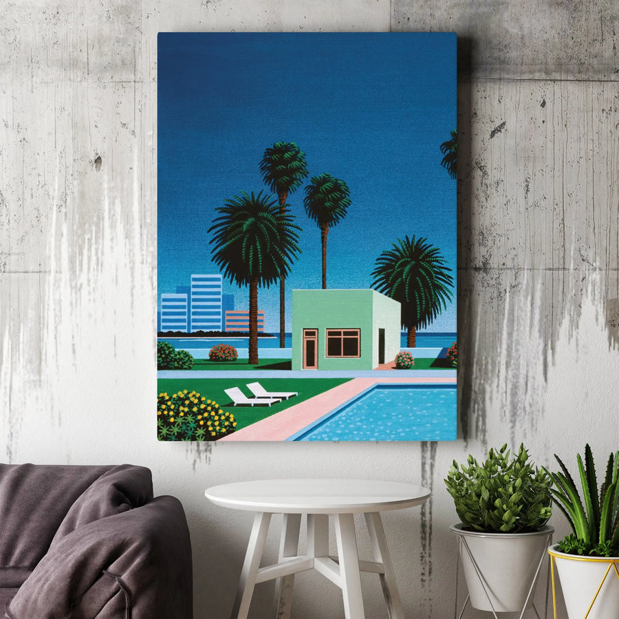 Retro Poolside Canvas Wall Art | Mid-Century Palm Tree Landscape | Premium Fade-Resistant Print | Aesthetic Home Office Decor