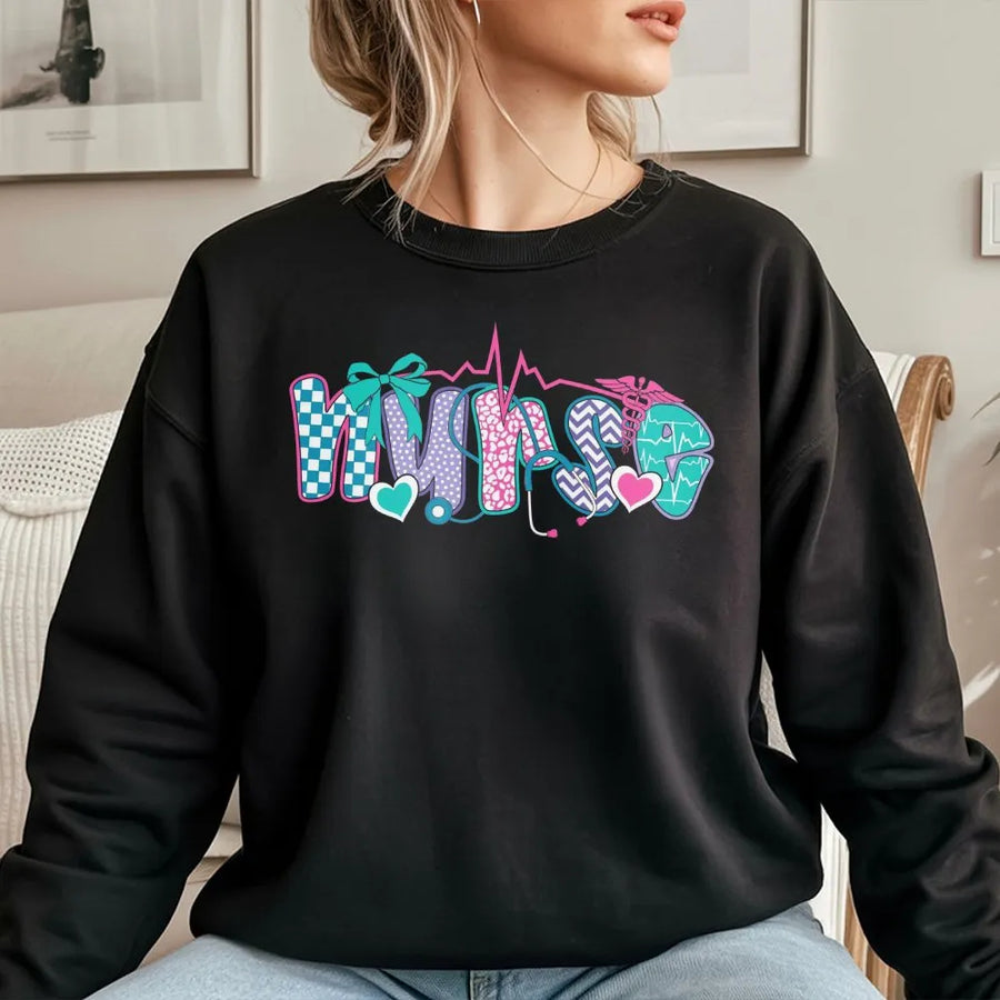 Nurse Sweatshirt | Preppy Coquette Bow & Stethoscope Design | Cotton Blend Premium Crewneck | Trendy Nursing School Graduation Gift