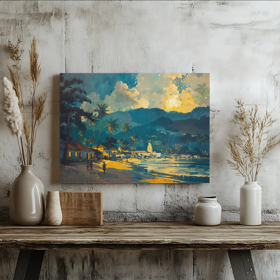 Tropical Coastal Village Canvas Wall Art | Painterly Beach Sunset Night Scene | Premium Gallery Wrap Print | Coastal Home Decor Gift