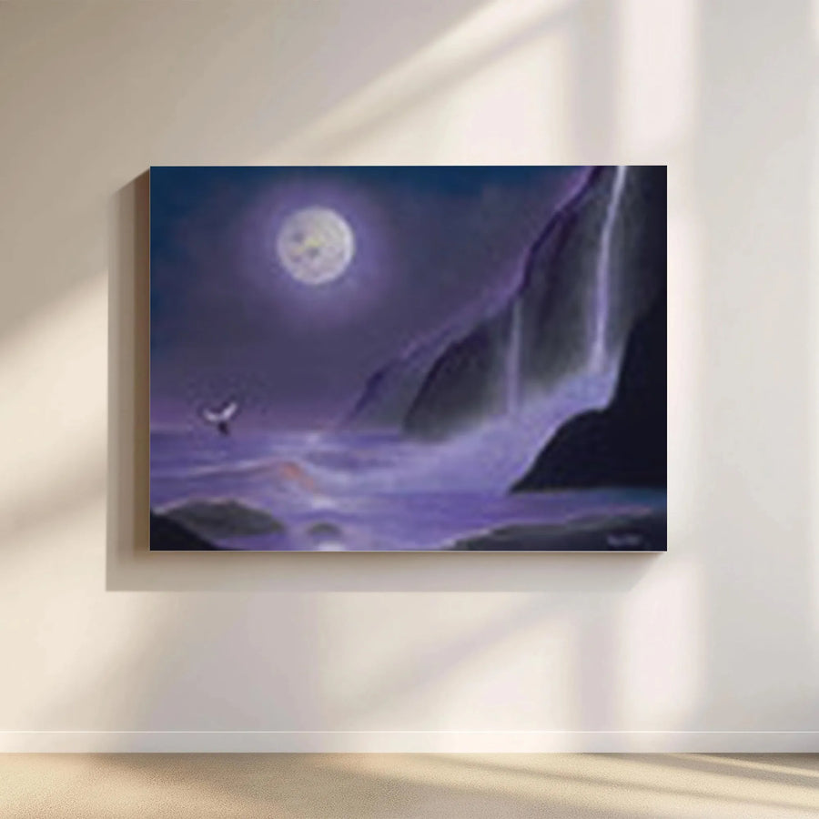 Mystical Seascape Canvas Print | Full Moon Over Waterfall Art | Premium 1.25" Thick Canvas | Spiritual Home Decor Gift