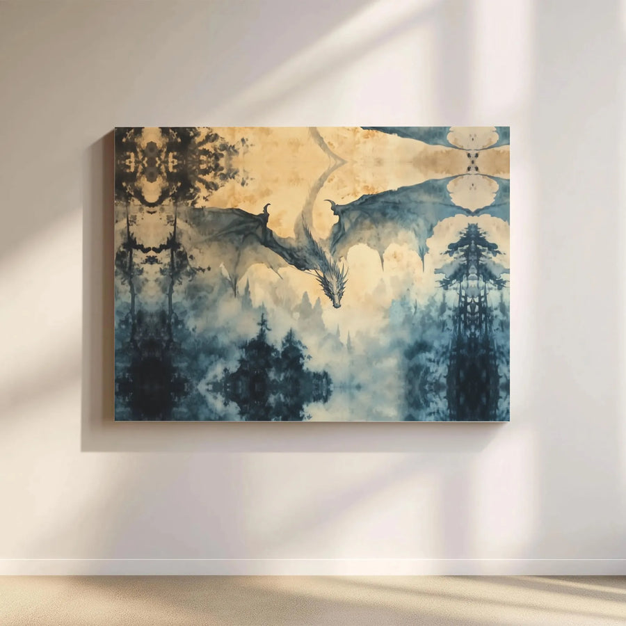 Dragon Canvas Wall Art | Watercolor Misty Forest Landscape | Premium 1.25 Inch Gallery Wrap | Fantasy Home Decor Gift