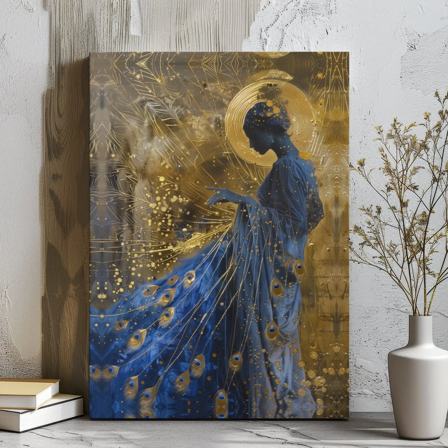 Peacock Goddess Wall Art | Gold Halo Abstract Portrait | Premium Stretched Canvas Print | Elegant Home Decor Gift for Her