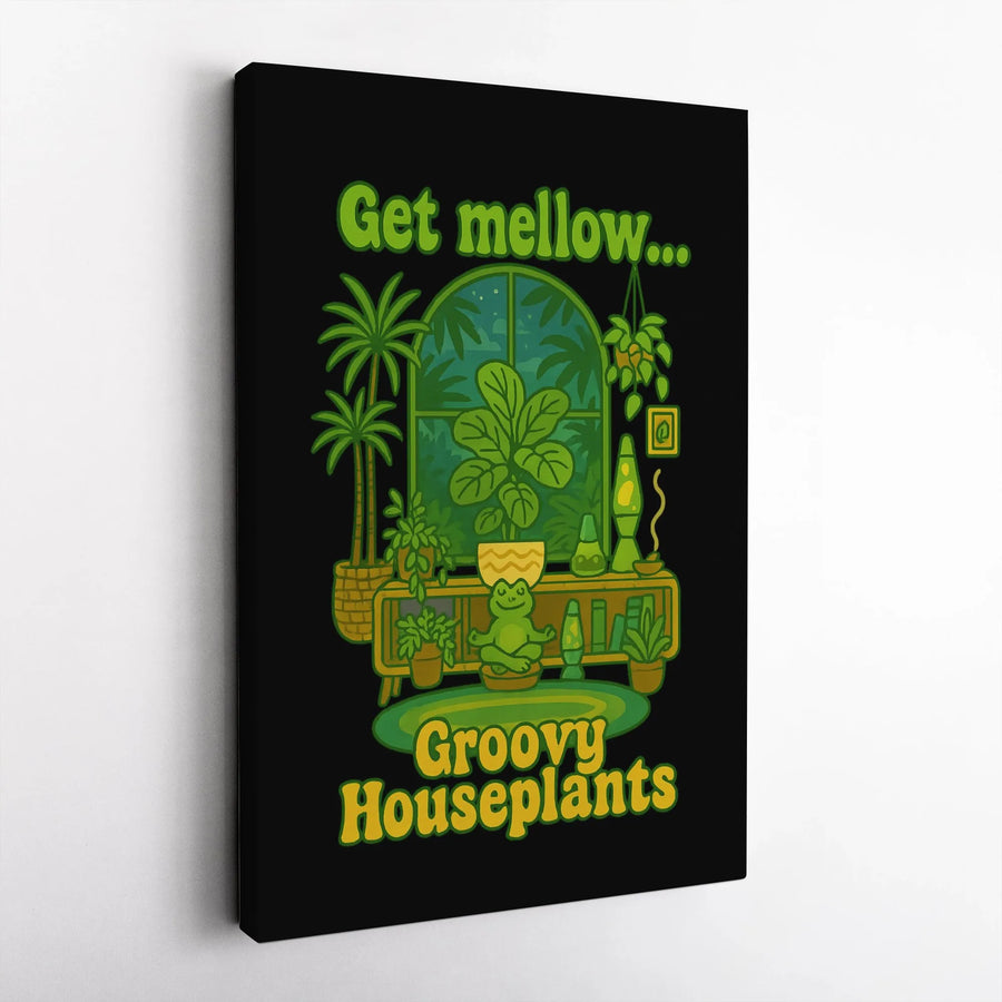 Groovy Houseplants Canvas Wall Art | 70s Psychedelic Botanical Print with Meditating Frog | Premium Fade-Resistant Print | Stoner Room Decor Gift for Plant Lovers