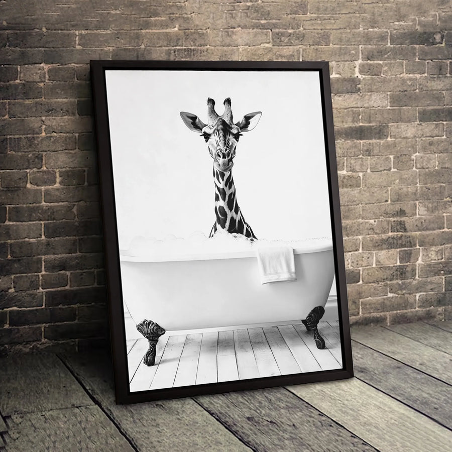 Giraffe In Bathtub Wall Art | Black And White Bathroom Decor | Premium Gallery Wrap Canvas | Whimsical Animal Home Decor Gift