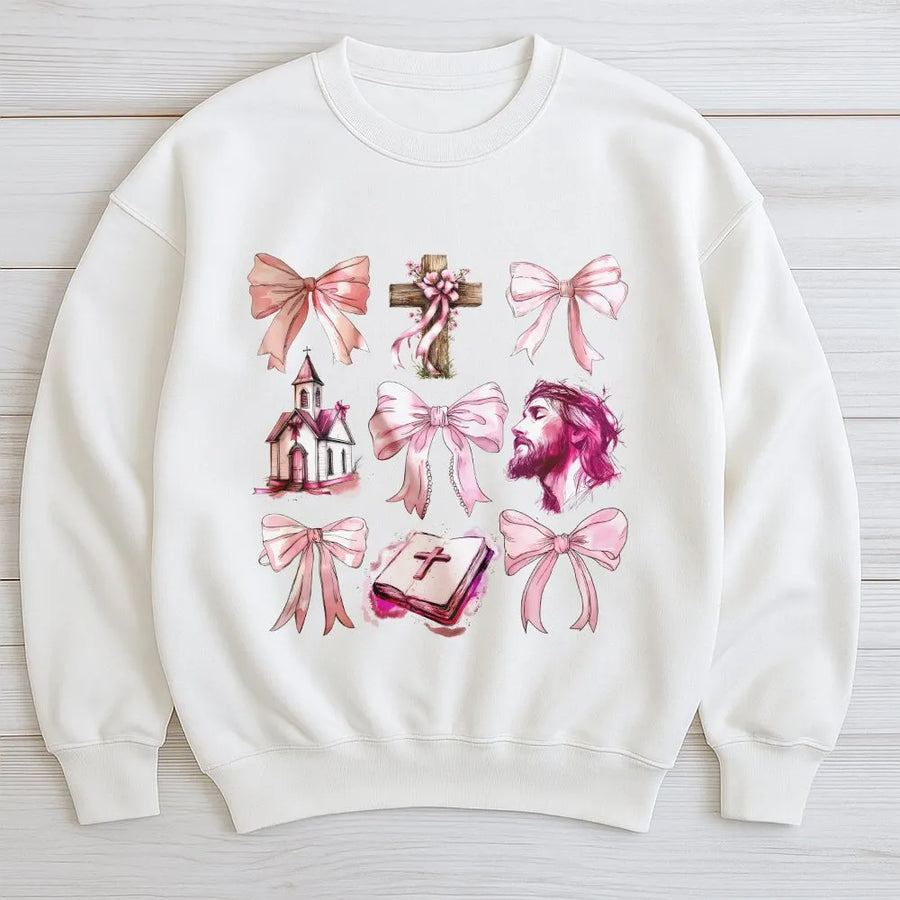 Jesus Coquette Bow Sweatshirt | Aesthetic Christian Cross Graphic | Premium Cotton Blend | Faith-Based Religious Gift For Her