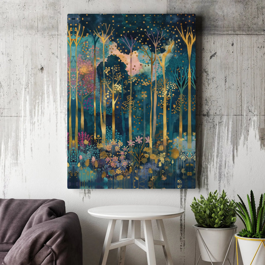 Abstract Magical Forest Canvas Wall Art | Gold Foil Effect Trees and Colorful Floral Meadow | Premium Gallery Wrapped Decor | Modern Home Gift