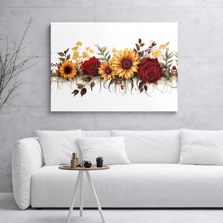 Sunflower and Red Rose Canvas Print | Botanical Floral Wall Art | Premium 1.25-Inch Gallery Wrap | Elegant Home Decor Gift