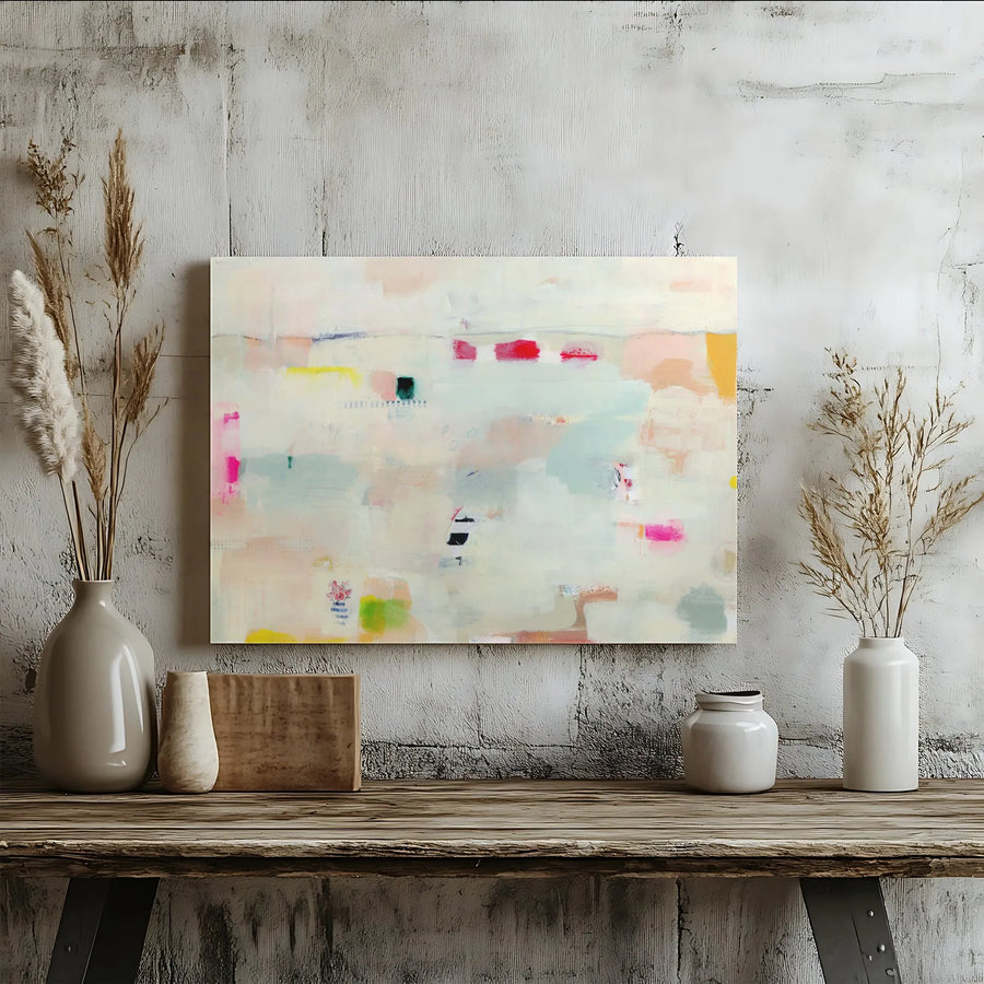 Modern Abstract Horizontal Canvas | Pastel Cream & Pink Expressionist Painting | 1.25 Inch Gallery Wrap | Minimalist Living Room Decor Gift