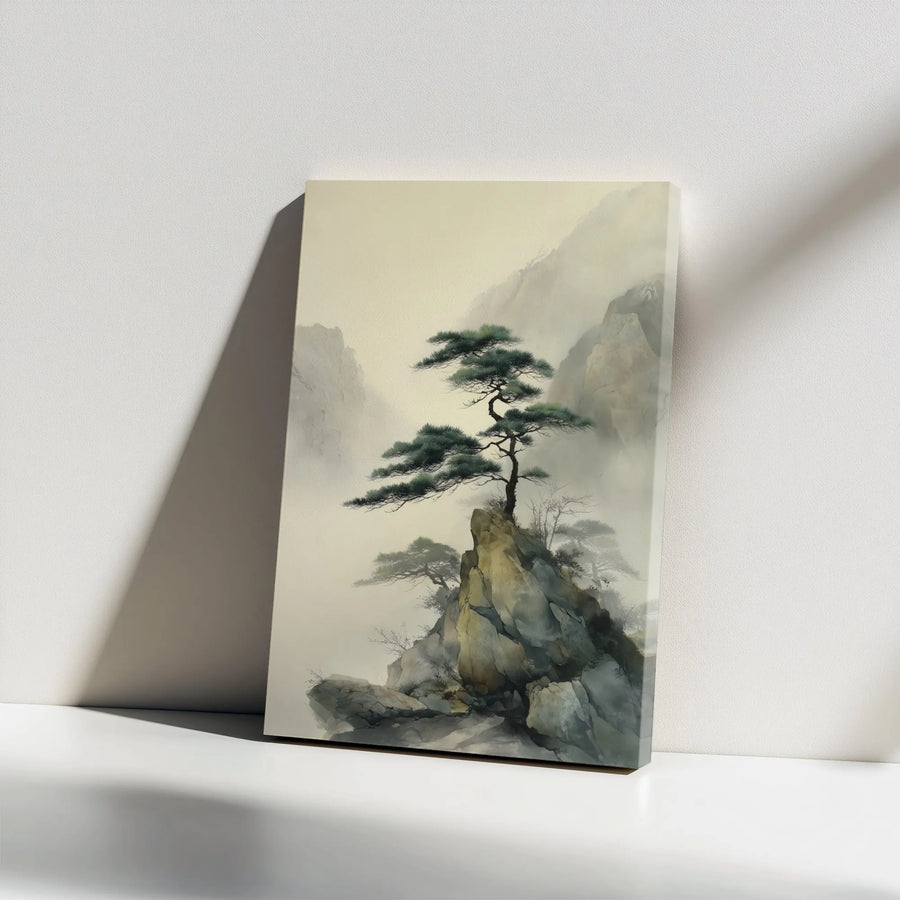 Japanese Pine Tree Canvas Wall Art | Misty Mountain Ink Wash Landscape | Premium Gallery Wrap Decor | Zen Meditation Office Wall Decor