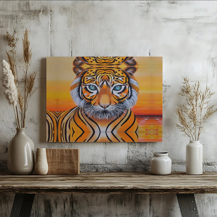 Tiger Canvas Wall Art | Blue Eyed Tiger with Sunset Reflection | Premium Gallery Wrapped Canvas | Wildlife Home Decor Gift for Animal Lovers