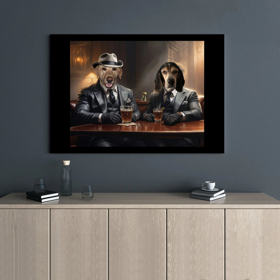 Dogs Drinking Whiskey Canvas Print | Sophisticated Mafia Style Art | Premium 1.25-Inch Gallery Wrap | Funny Man Cave & Home Bar Wall Decor Gift