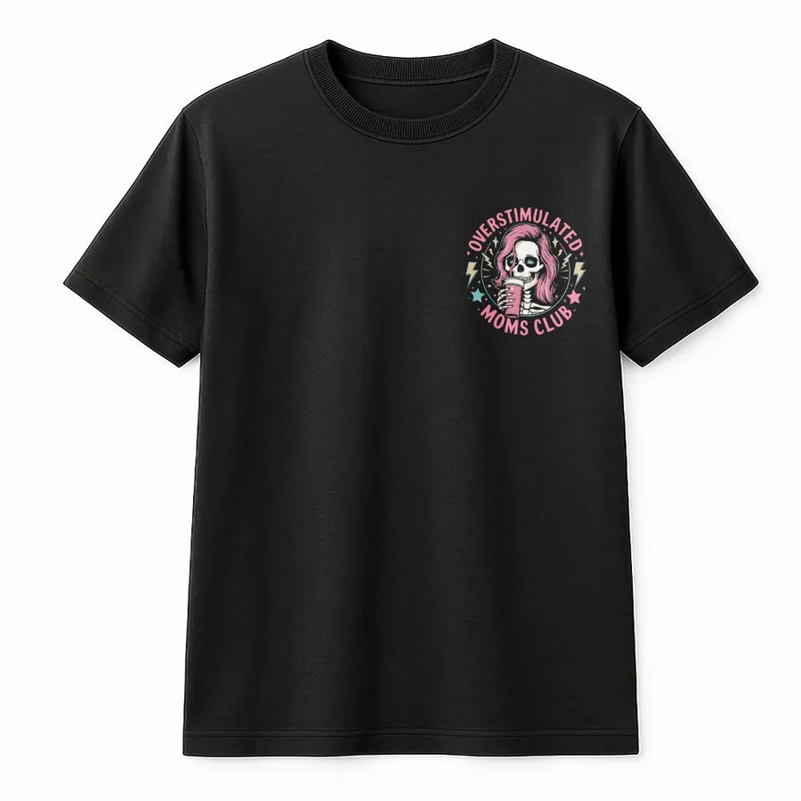 Overstimulated Moms Club T-Shirt | Funny Skull Iced Coffee Graphic | Premium Cotton Blend Sweatshirt | Unique Gift for Mom, Edgy Mom Life Apparel