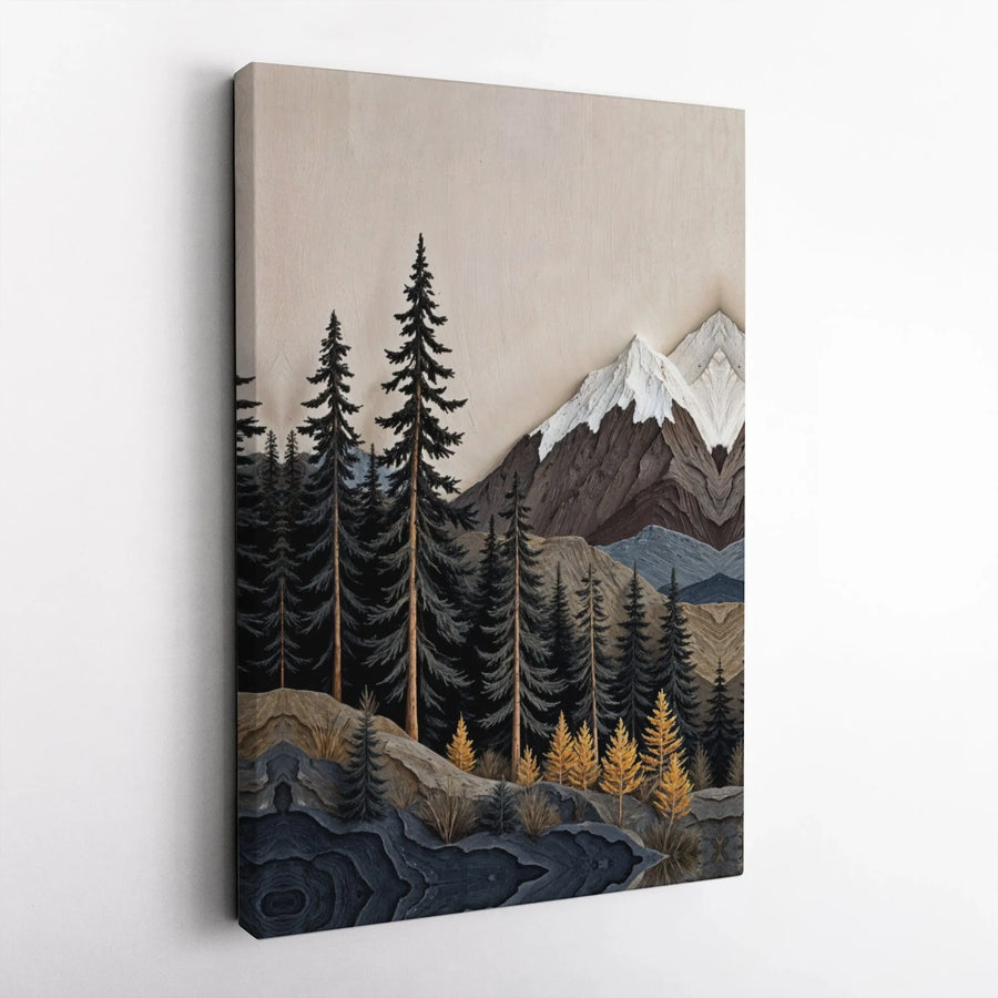 Mountain Forest Landscape Canvas Art | Textured Woodcut Nature Scene | Premium Gallery Wrap Wall Decor | Rustic Modern Cabin Home Gift