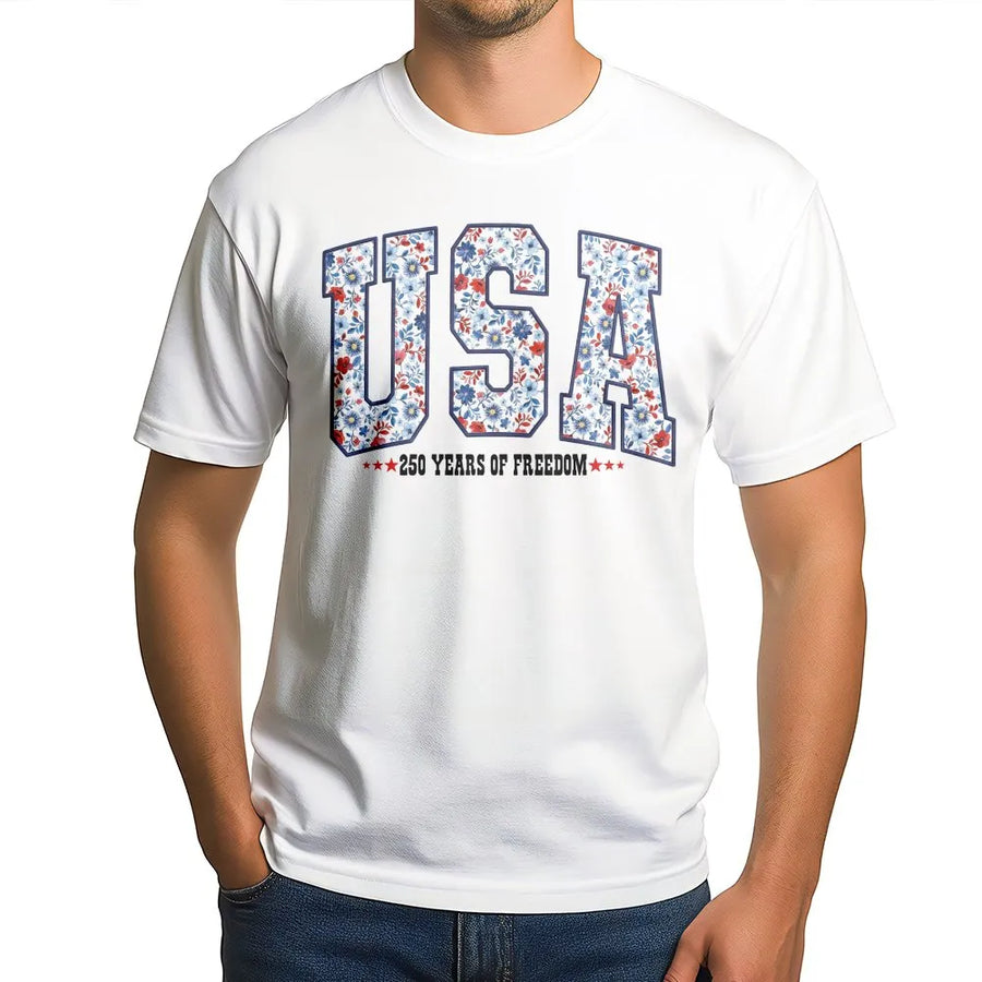 Patriotic USA T-Shirt | 250 Years of Freedom Floral Design | Cozy Crewneck Pullover | Fourth of July Gift for Women
