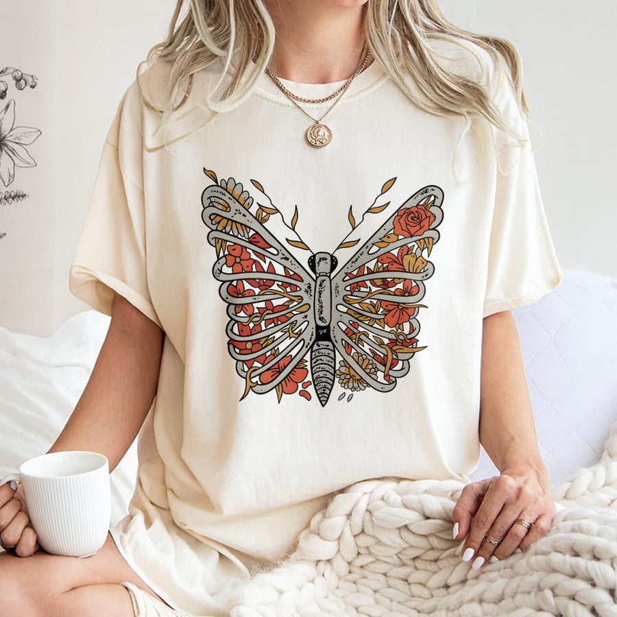 Floral Butterfly Skeleton T-Shirt | Boho Botanical Butterfly Graphic Tee | Premium 100% Cotton Comfort | Unique Nature Gift For Her