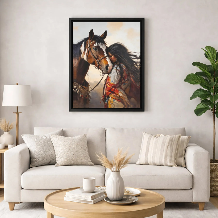 Native American Woman and Horse Canvas Print | Western Boho Wall Art | Premium Gallery Wrapped Decor | Spiritual Southwestern Gift for Home