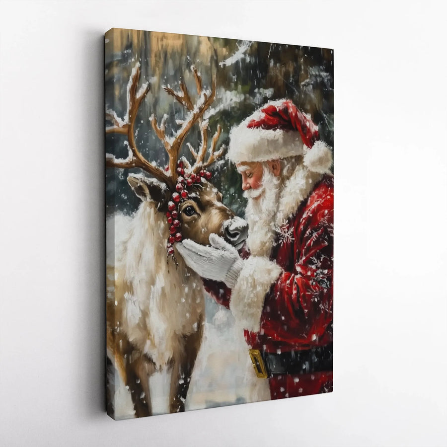 Santa Claus Reindeer Canvas Print | Winter Forest Holiday Wall Art | Premium Fade-Resistant Gallery Wrap | Festive Christmas Home Decor Gift