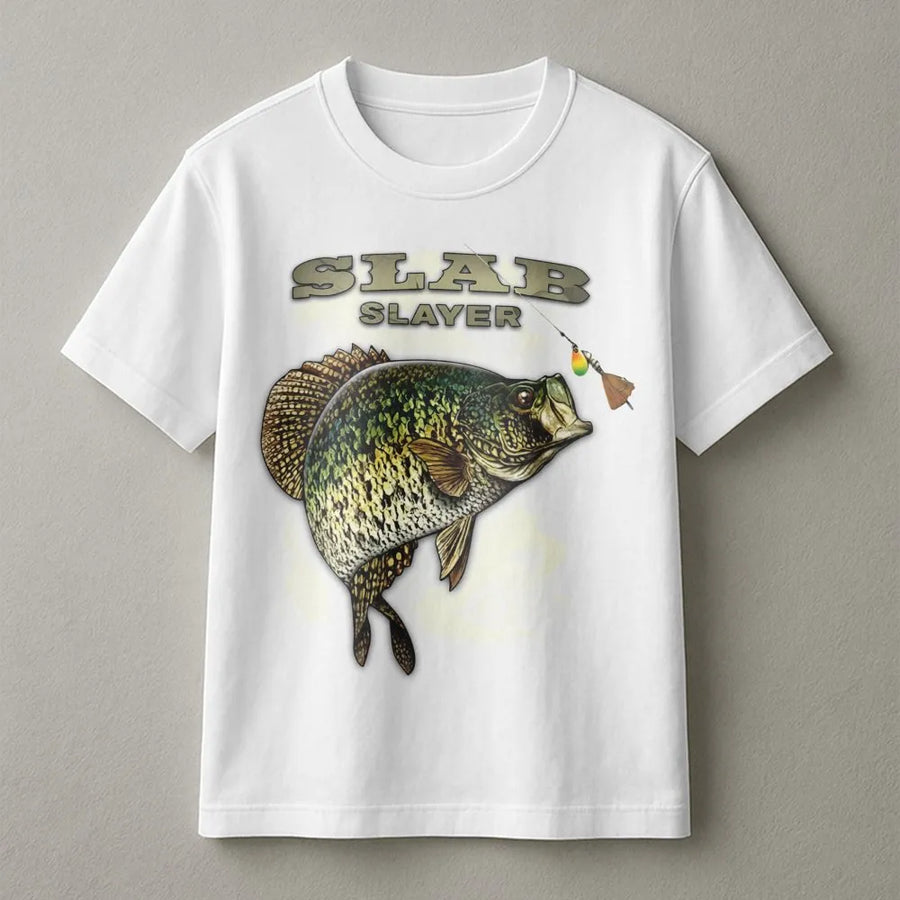 Crappie Fishing T-Shirt | Slab Slayer Graphic Print | Premium Soft Cotton Tee | Funny Fisherman Gift for Anglers and Lake Lovers