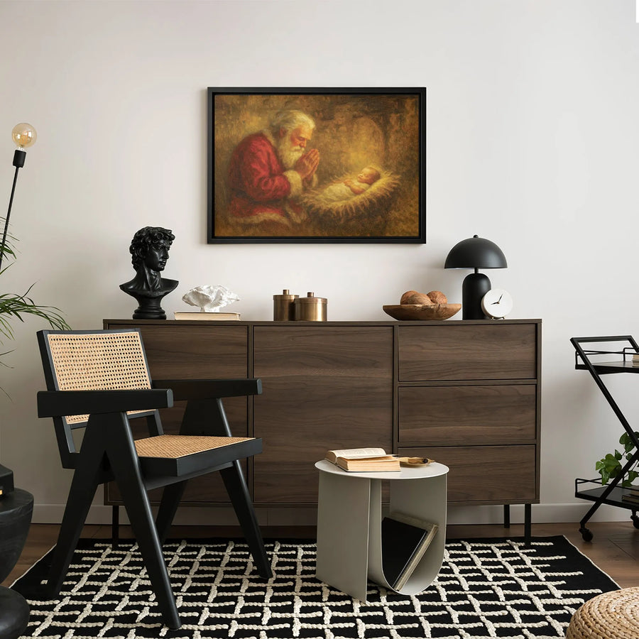 Kneeling Santa Praying Over Baby Jesus Canvas | Religious Christmas Wall Art | Premium Gallery Wrapped Print | Holiday Home Decor Gift