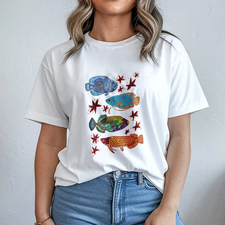 Colorful Fish Graphic Tee | Y2K Aquarium Aesthetic Tropical Fish Art | Soft Cotton T-Shirt | Trendy Streetwear Gift for Her