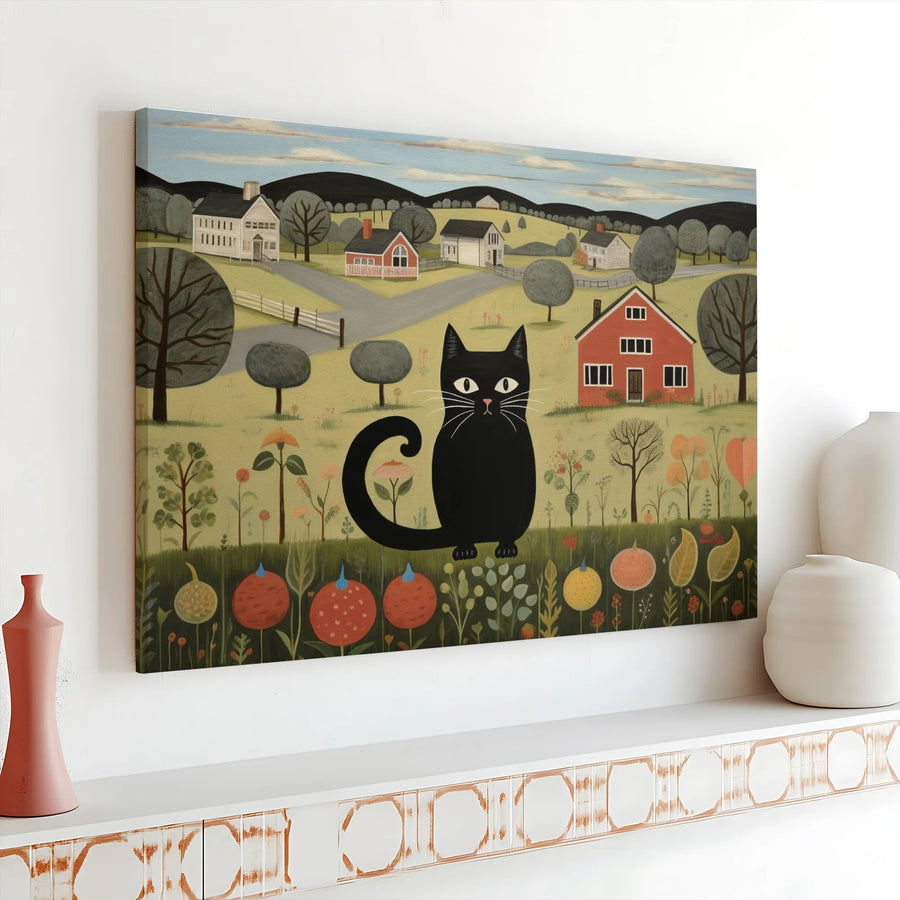 Folk Art Black Cat Canvas Print | Whimsical Village Landscape | 1.25 Inch Gallery Wrap | Unique Cat Lover Gift Wall Decor