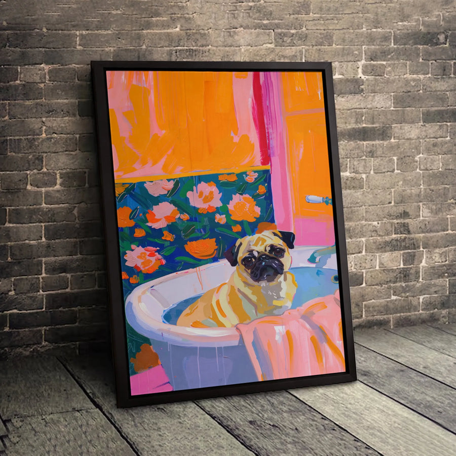 Pug In Bathtub Canvas Art | Colorful Impressionist Dog Portrait | 1.25 Inch Premium Gallery Wrap | Whimsical Animal Home Decor Gift