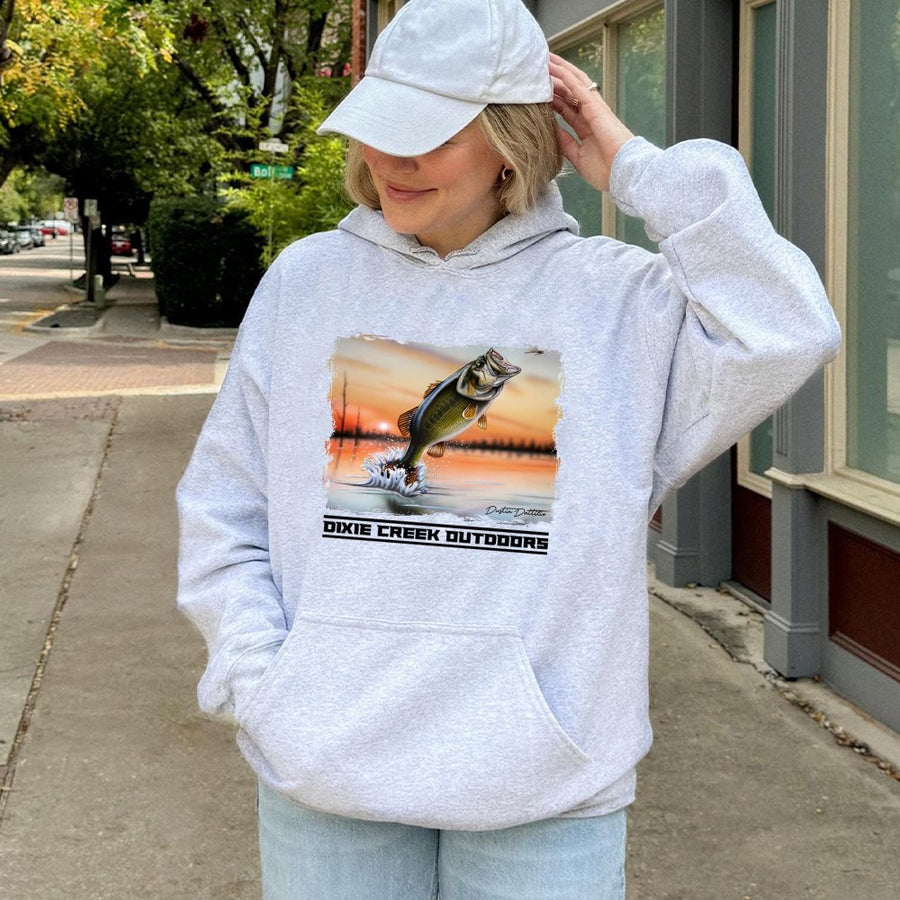 Bass Fishing Hoodie | Dixie Creek Outdoors Sunset Graphic | Premium Cotton Blend | Gift for Anglers and Fishing Enthusiasts