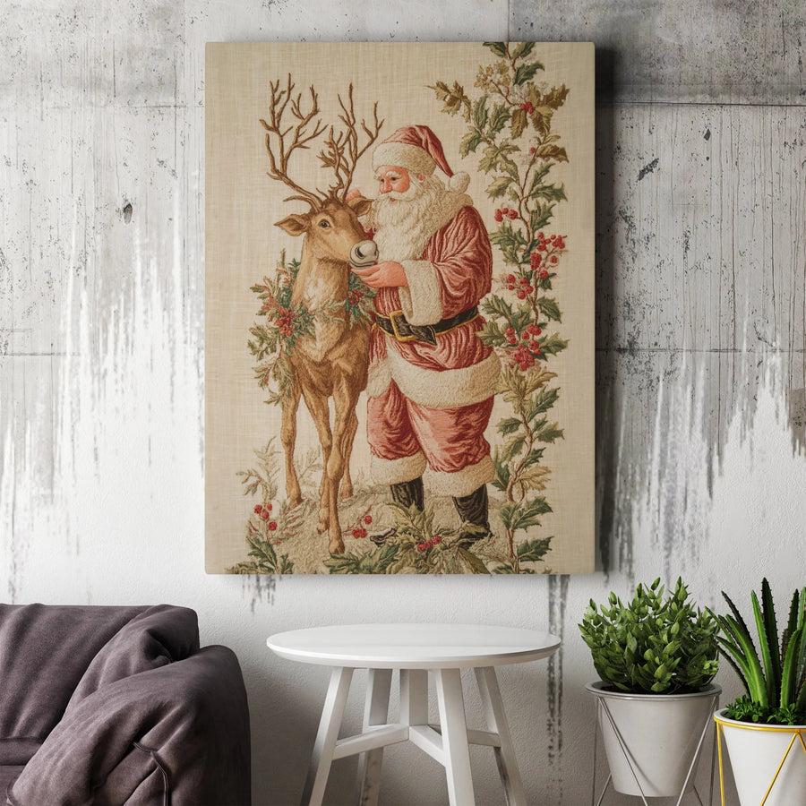 Vintage Santa With Reindeer Canvas Wall Art | Christmas Holly Wreath Illustration | Premium Gallery Wrap Print | Festive Holiday Home Decor Gift