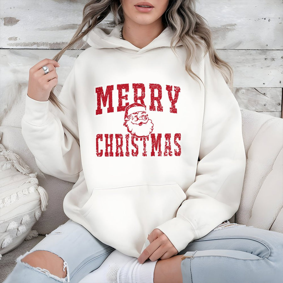 Merry Christmas Santa Hoodie | Retro Distressed Graphic Sweatshirt | Premium Cotton-Poly Blend | Cozy Holiday Gift For Him And Her