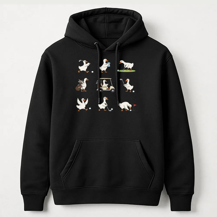 Funny Goose Golf Hoodie | Whimsical Cartoon Geese Graphic Pullover | Soft Cotton-Blend Sweatshirt | Premium Gift for Golfer