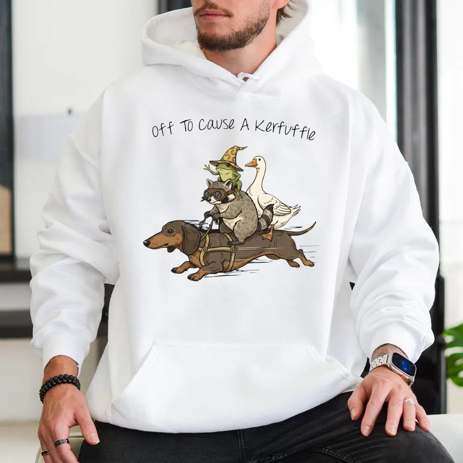 Off To Cause A Kerfuffle Hoodie | Dachshund Raccoon Goose Frog Graphic | Soft Cotton Tee | Funny Animal Meme Lover Gift