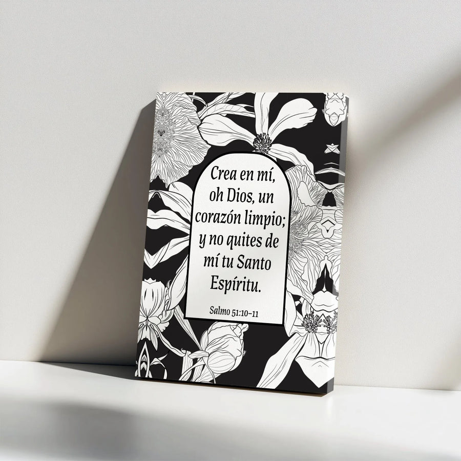 Salmo 51:10-11 Wall Art | Spanish Bible Verse Floral Canvas | Premium Gallery Wrap Decor | Christian Home Gift for Believers