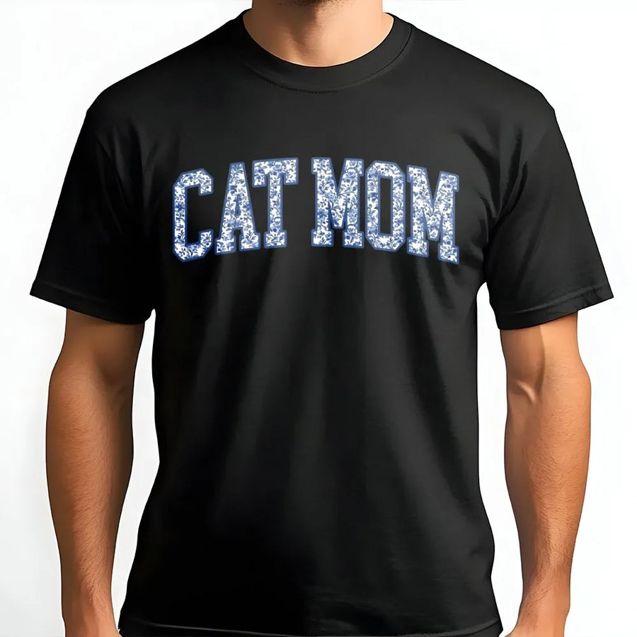 Cat Mom T-Shirt | Blue Floral Varsity Letter Graphic | Soft Cotton Unisex Tee | Gift for Cat Lovers & Pet Owners