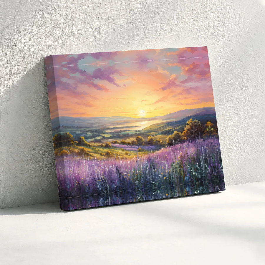 Lavender Field Canvas Wall Art | Sunset Over Rolling Hills Painting | Premium Fade-Resistant Print | Living Room Decor Gift