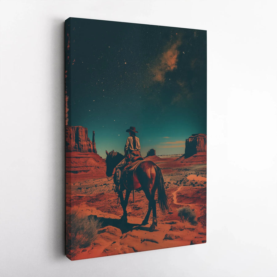 Western Cowboy Canvas Print | Monument Valley Starry Night Wall Art | Premium 1.25" Gallery Wrap | Southwestern Home Decor Gift for Him