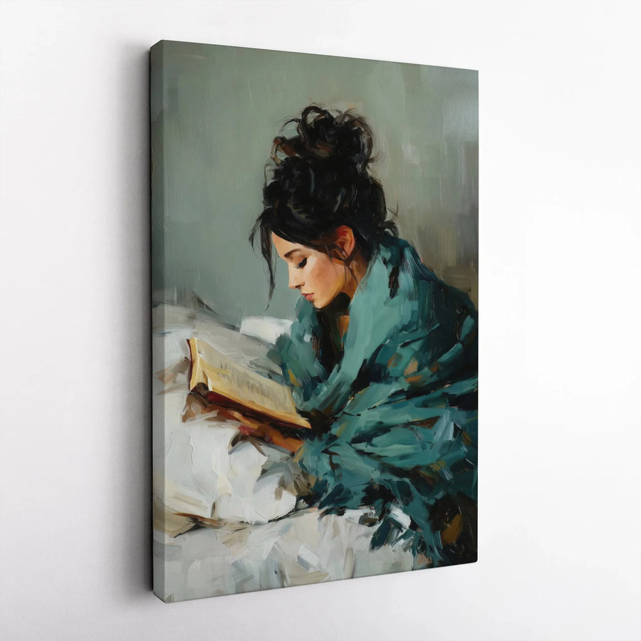Woman Reading Canvas Wall Art | Impressionist Painting of Girl with Book | Premium Thick Profile Canvas | Gift for Book Lovers, Bedroom Decor