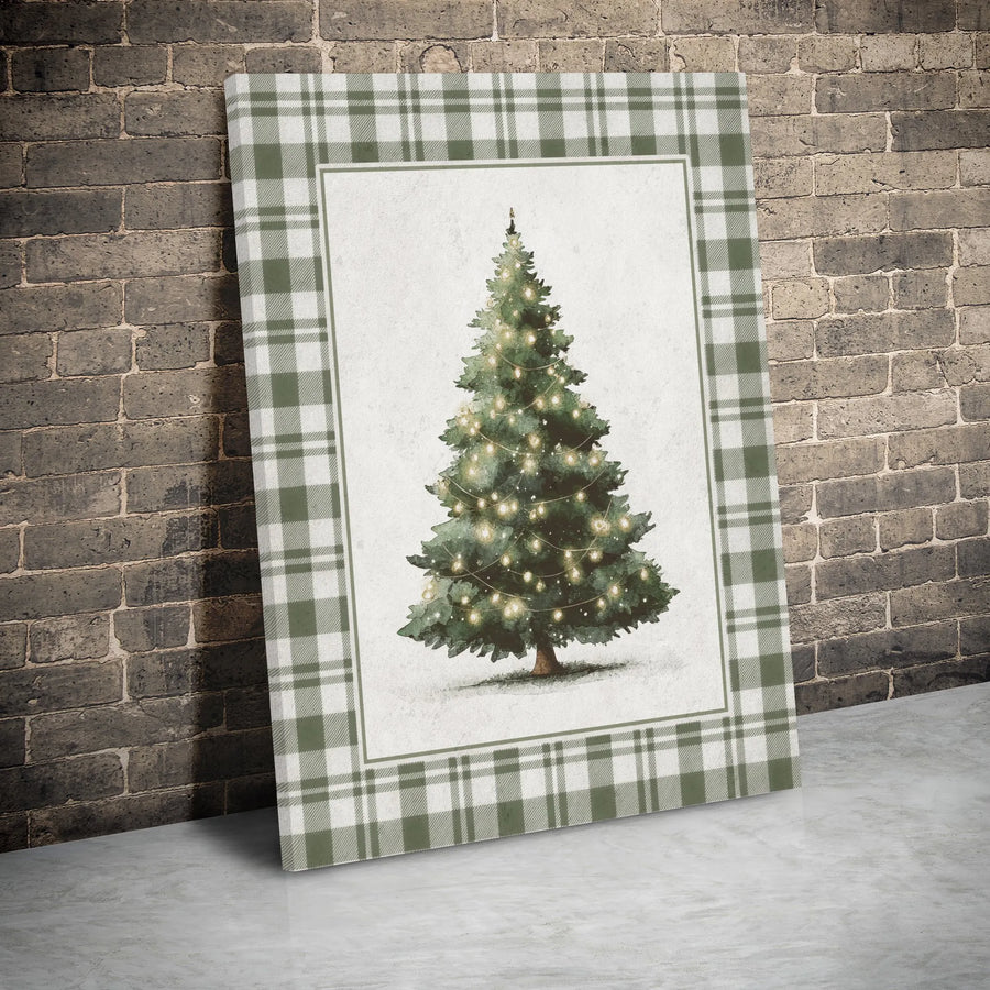 Christmas Tree Canvas Wall Art | Rustic Green Plaid Border Design | Premium Gallery Wrap Print | Farmhouse Holiday Home Decor Gift