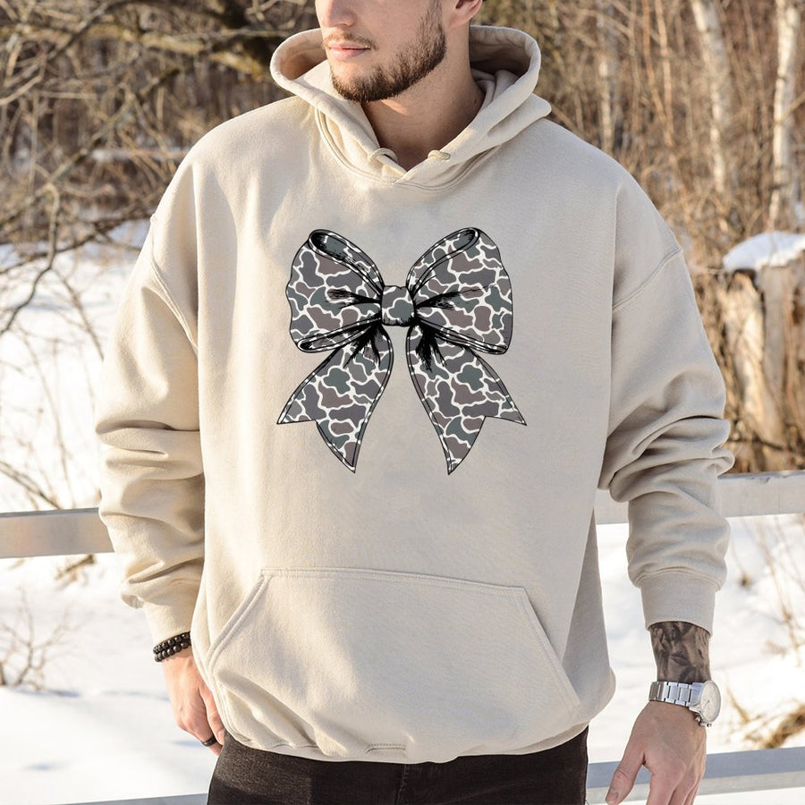 Camo Bow Hoodie | Trendy Aesthetic Ribbon Graphic | Soft Cotton-Poly Blend | Cozy Oversized Gift for Women and Teens
