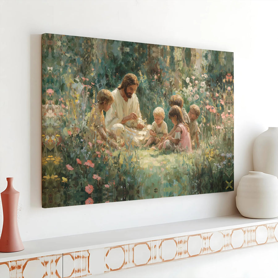 Jesus with Children Canvas Print | Impressionist Religious Art of Christ in a Floral Garden | Premium Gallery Wrapped Canvas | Christian Home Decor Gift