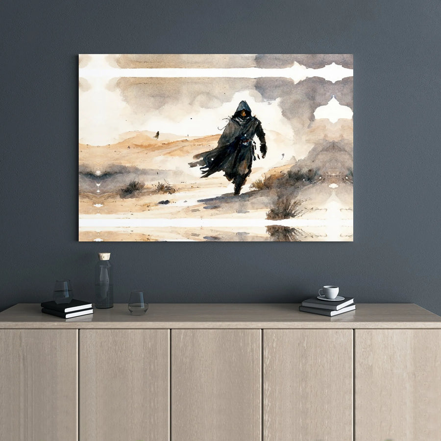 Desert Wanderer Wall Art | Watercolor Hooded Figure Print | Premium Gallery Wrap Canvas | Mystery Fantasy Home Decor Gift