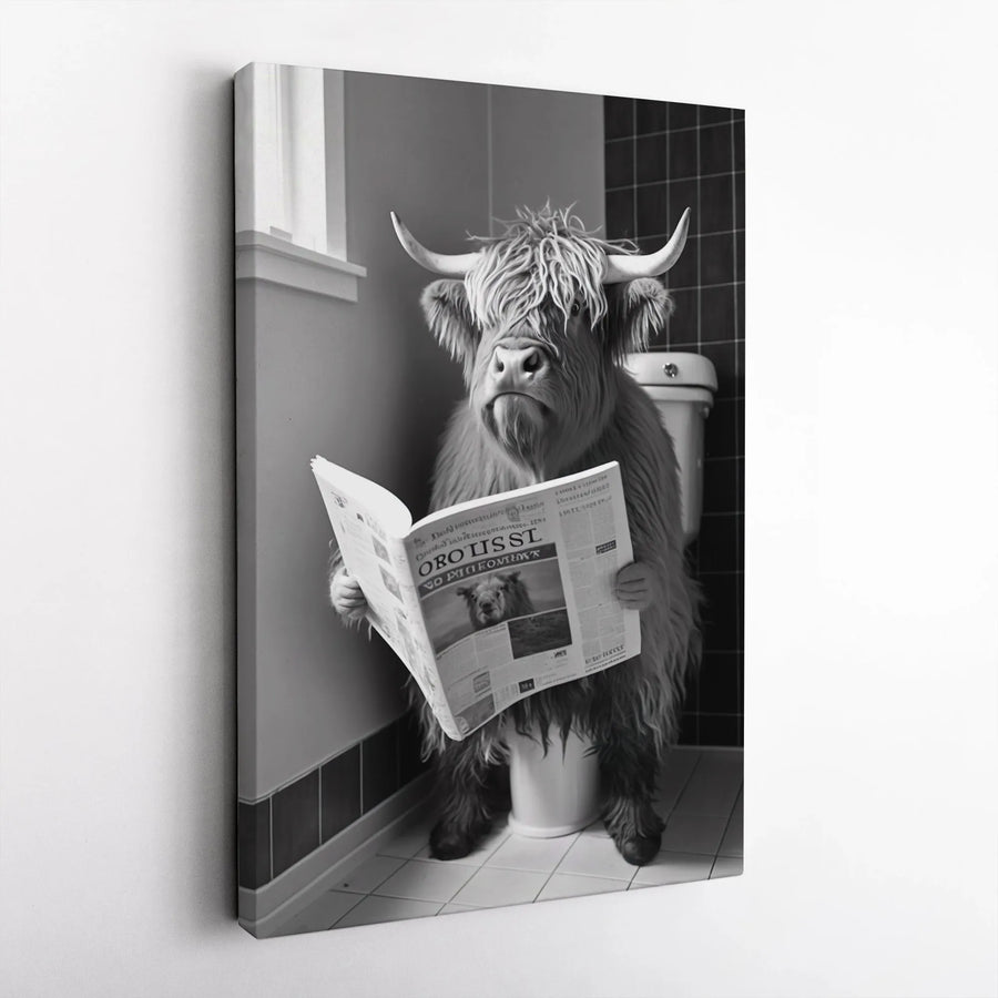 Highland Cow Bathroom Wall Art | Funny Toilet Reading Newspaper Print | Premium Gallery Canvas | Quirky Farmhouse Home Decor Gift