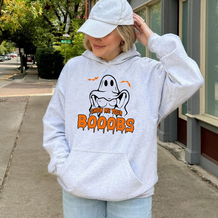 Funny Halloween Ghost Hoodie | Show Me Your Booobs Graphic Pun | Soft Cotton-Blend Pullover | Naughty Spooky Party Gift For Adults