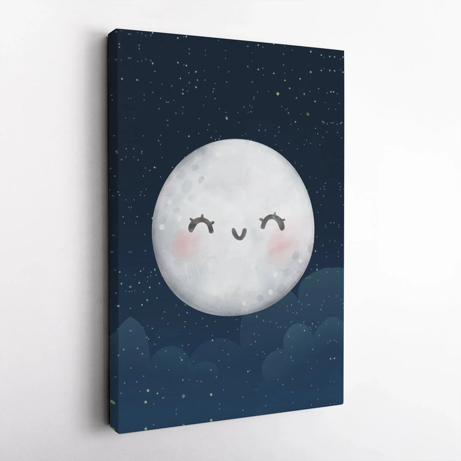 Cute Moon Nursery Canvas | Smiling Moon & Starry Night Sky Art | Premium Thick Gallery Wrap Canvas | Kids Room Decor & Baby Shower Gift